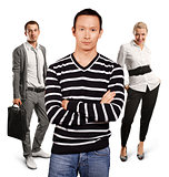 Teamwork and Asian Man In Striped Pullover