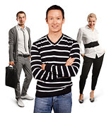 Teamwork and Asian Man In Striped Pullover