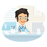 Woman Doctor Character Sitting at the Desk