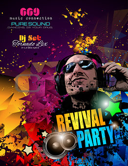 Disco Night Club Flyer layout with DJ shape and music elements