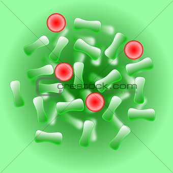 Red virus cells among other healthy green cells on green background