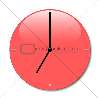 Shiny red wall clock with glossy place and with black hands, with shadow on white background