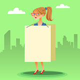 businesswomen with a poster and place for text