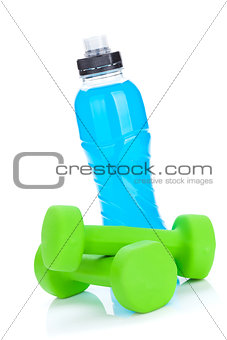 Two green dumbells and water bottle