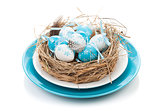 Easter eggs nest on plate