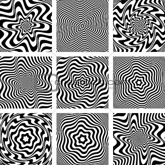 Torsion movement illusion. Op art patterns set. 