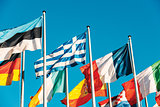 Greece flag waving in front of European Parliament