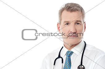 Smiling experienced doctor isolated over white
