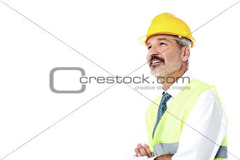 Confident architect with jacket and hard hat
