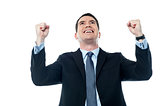 Mature businessman with raising arms