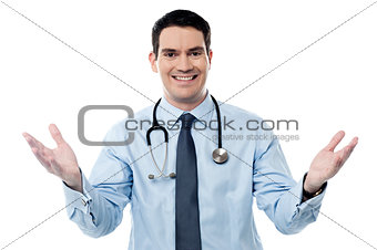 Smart doctor standing with arms wide open