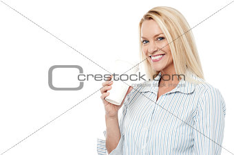 Woman holding cup on white background