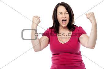 Excited caucasian woman isolated on white