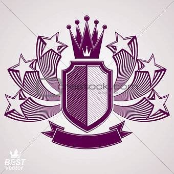 Empire stylized vector graphic symbol. Shield with 3d flying sta
