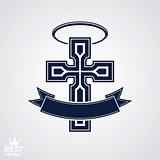 Religious cross emblem with nimbus and decorative ribbon, spirit