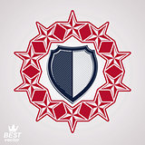Royal stylized vector graphic symbol. Shield with 3d stars aroun