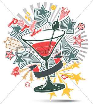 Festive illustration with musical notes and glass martini goblet