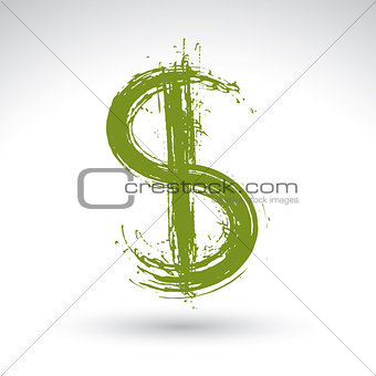 Hand-painted yellow dollar icon isolated on white background, cu