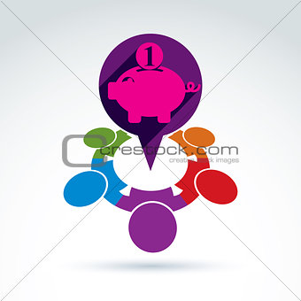 Financial piggy bank savings and social money theme icon, people