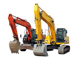 two modern excavators isolated on the white