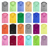 collection of colorful bright men's shirts on a white background