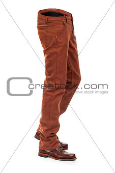 empty voluminous e jeans with boots on a white background
