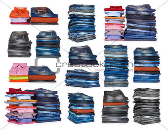 collection stacks of jeans on a white background