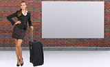 Businesswoman with travel bag against brick wall