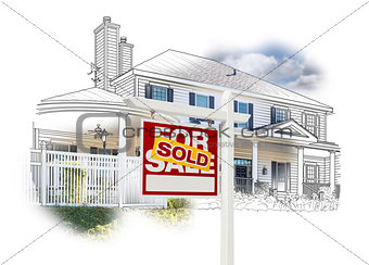 House and Sold Sign Drawing and Photo on White