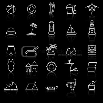 Beach line icons with reflect on black background