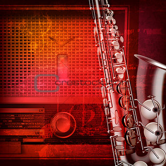 abstract grunge background with retro radio and saxophone
