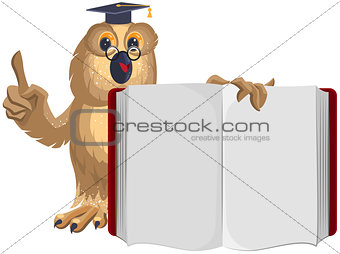 Owl teacher holding open book and shows up