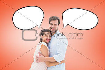 Composite image of attractive young couple hugging and smiling at camera