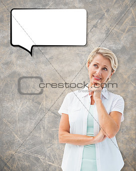 Composite image of happy mature blonde thinking with hand on chin