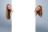 Composite image of portrait of wo long hair women back of a blank sign