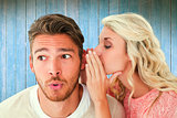 Composite image of attractive blonde whispering secret to boyfriend