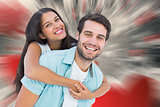 Composite image of happy casual man giving pretty girlfriend piggy back