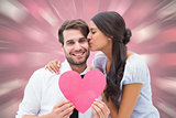 Composite image of pretty brunette giving boyfriend a kiss and her heart