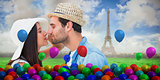 Composite image of happy hipster couple about to kiss