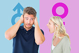 Composite image of man not listening to his shouting girlfriend