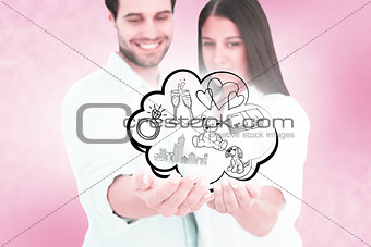 Composite image of attractive young couple holding their hands out