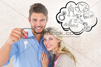 Composite image of attractive young couple showing new house key