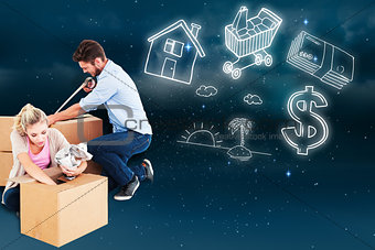 Composite image of young couple packing moving boxes