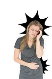 Composite image of woman with stomach ache