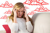 Composite image of woman with headache sitting on sofa