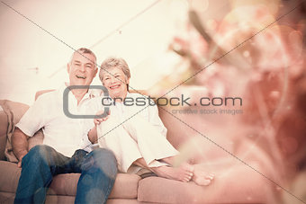 Happy senior couple relaxing on sofa