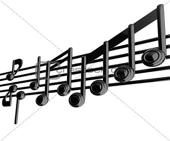 Various music notes on stave. Black 3d