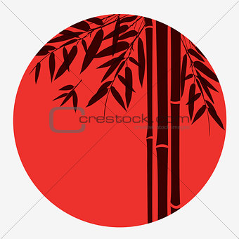 Bamboo trees and leaves with red sun on white background. 