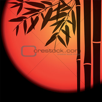 Bamboo trees and leaves with red sun on black background.