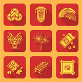 yellow color flat style chinese new year icons set
